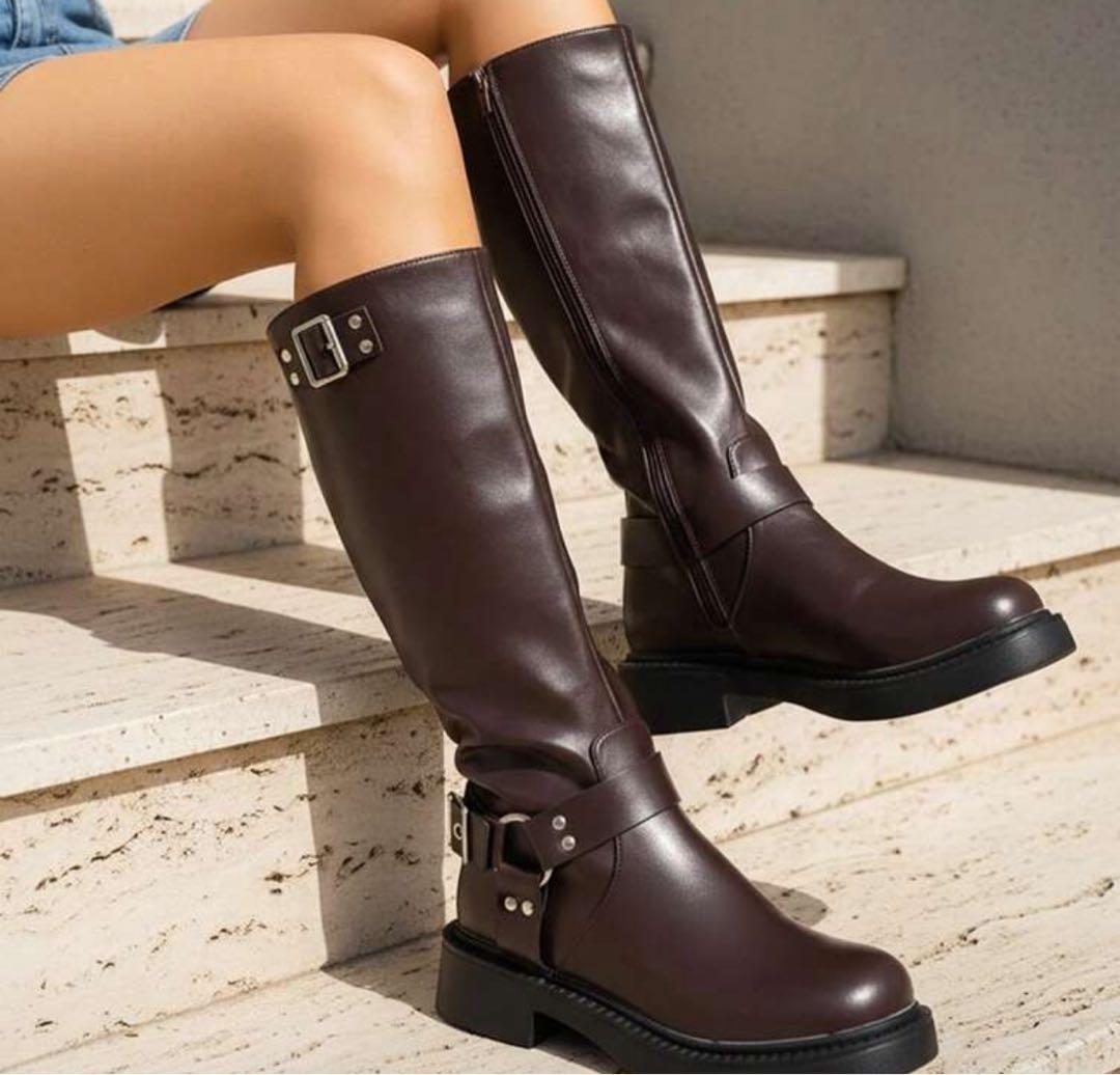 ダークブラウン レザー ロングブーツ - メルカリ