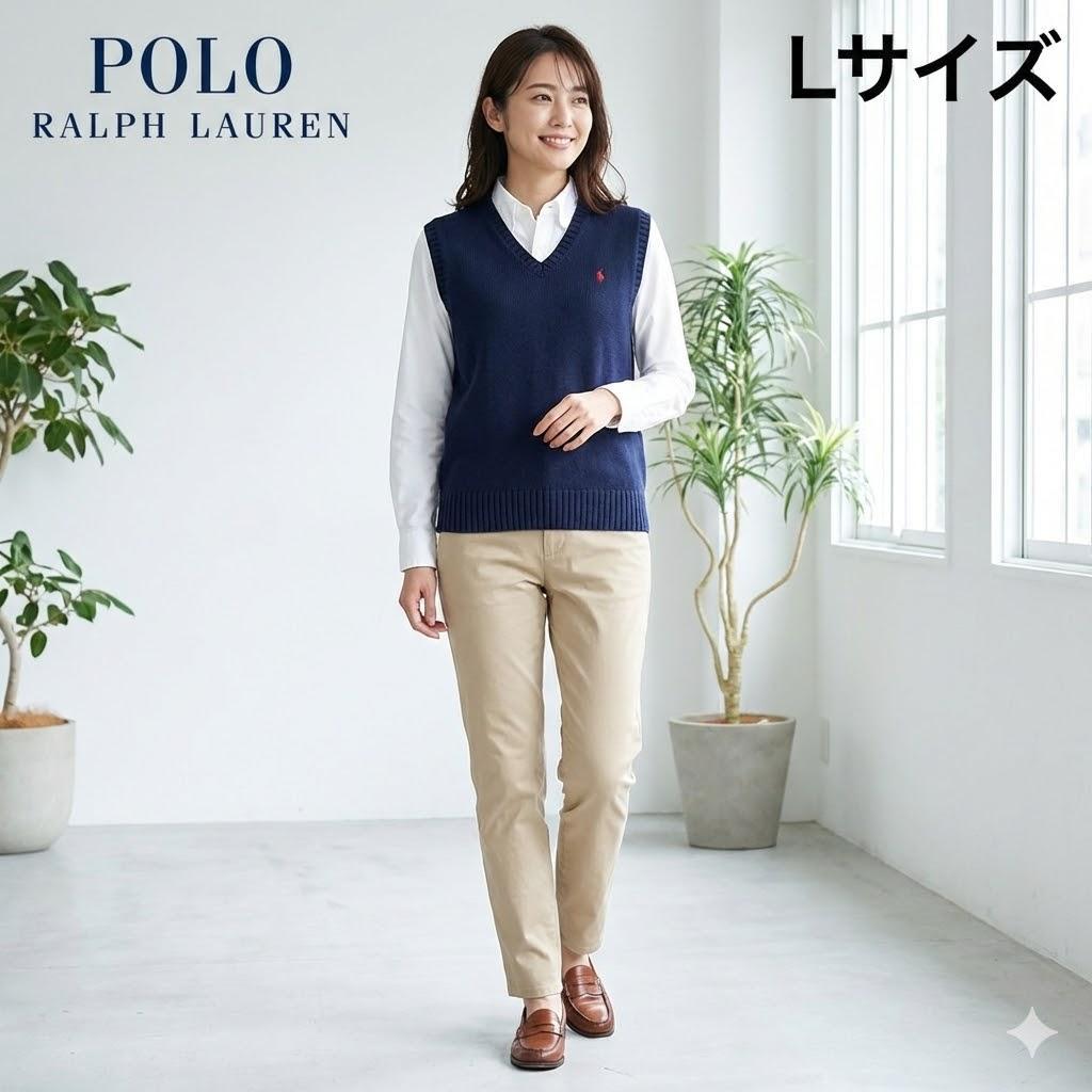 大人気】ポロバイラルフローレン ニットベスト Vネック ネイビー L 赤