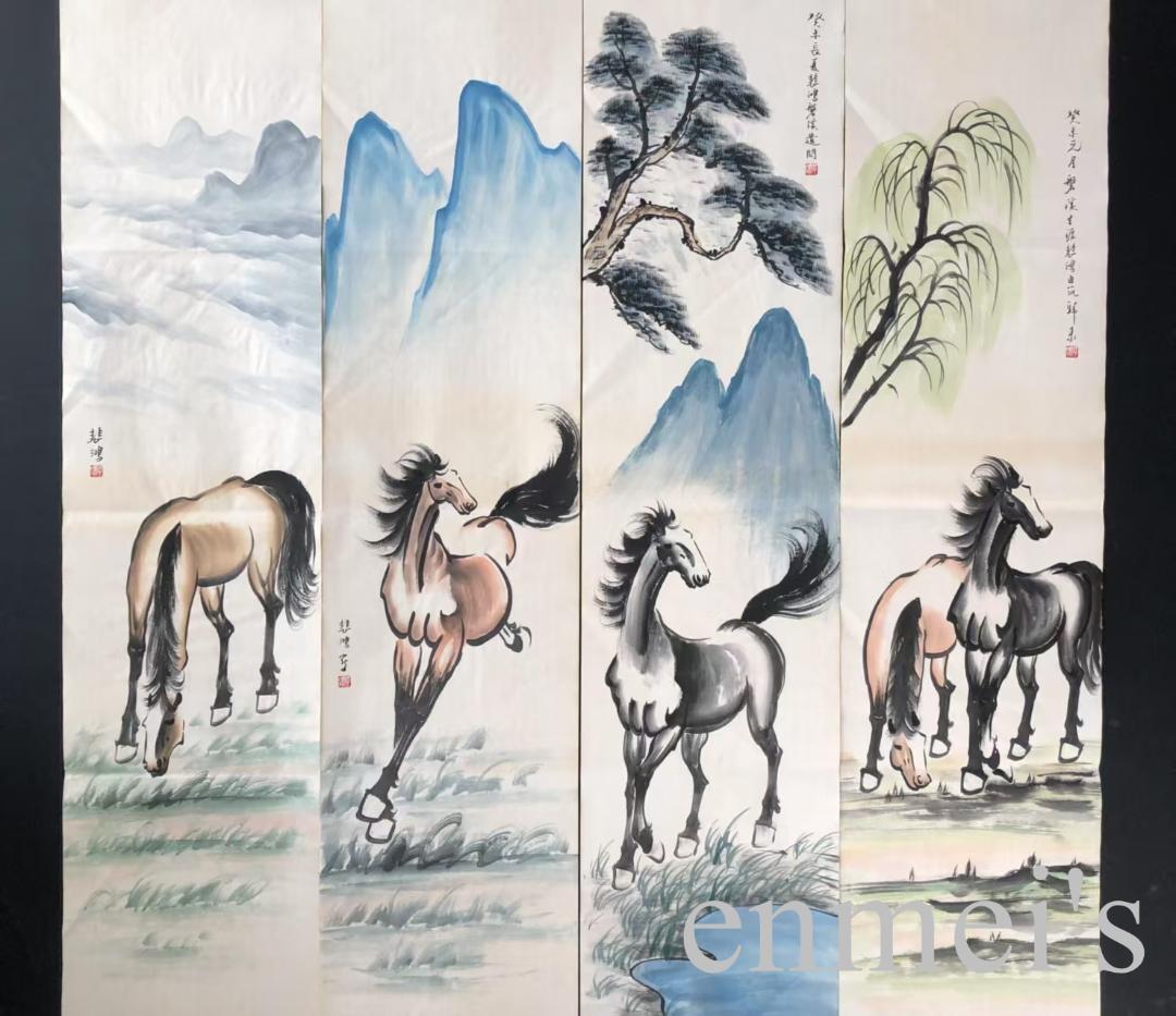 中国古美術・馬 四条屏画芯・徐悲鴻印款・水墨画・純手描き・文房