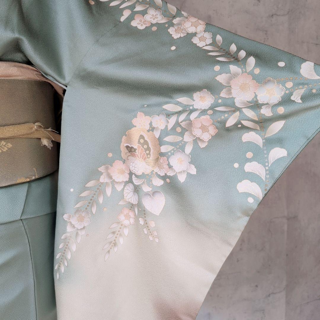 訪問着 フルセット 着物 正絹 花 蝶 金彩加工 緑茶 おしゃれトール