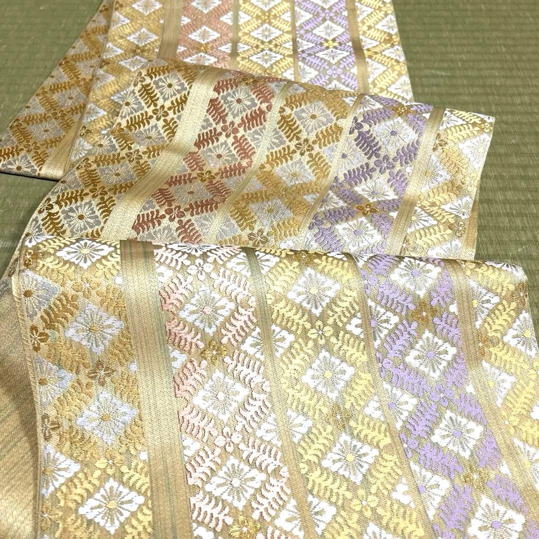 正絹　袋帯《刺繍　花亀甲　ライン》