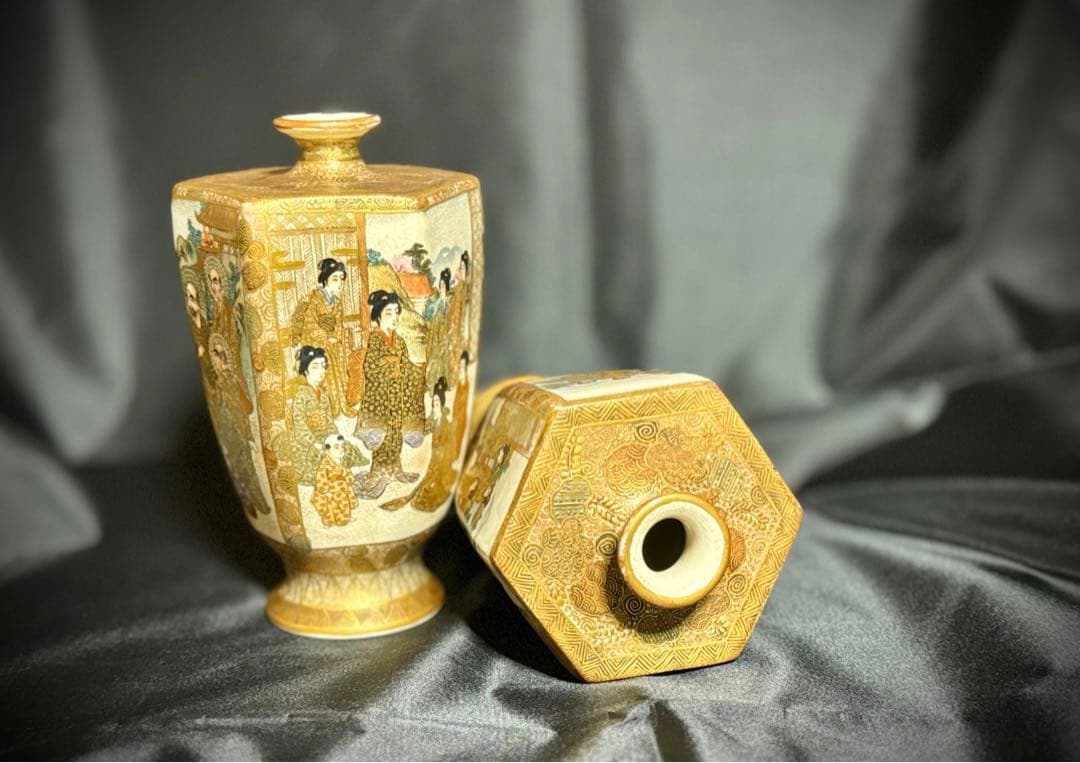 大日本薩摩焼保土田金襴手人物花瓶