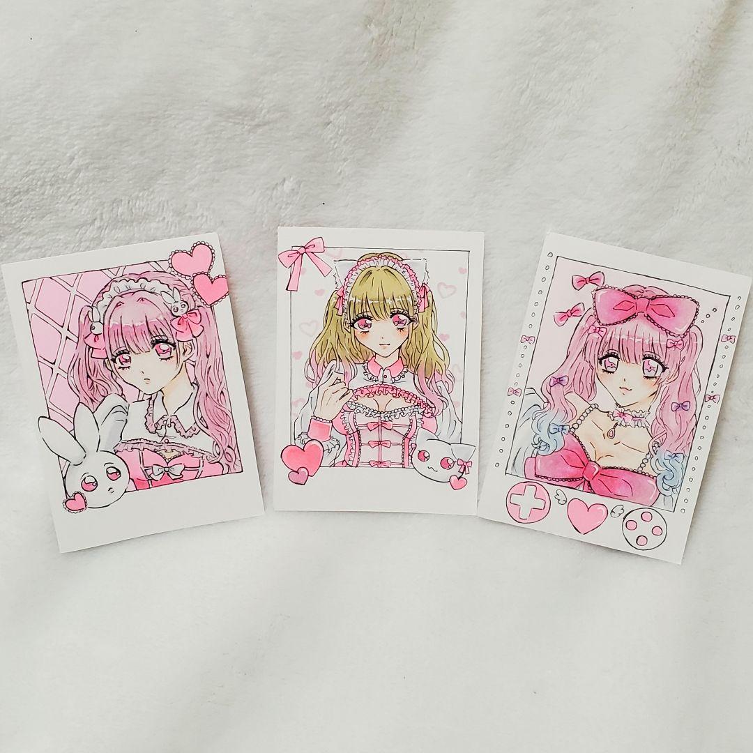 チェキ風イラスト 手描き オリジナル ピンク 女の子 セット - メルカリ
