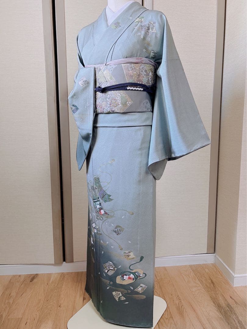 極美品 正絹 訪問着 フルセット 裄68 卒業式 入学式 結婚式 袋帯 青 緑