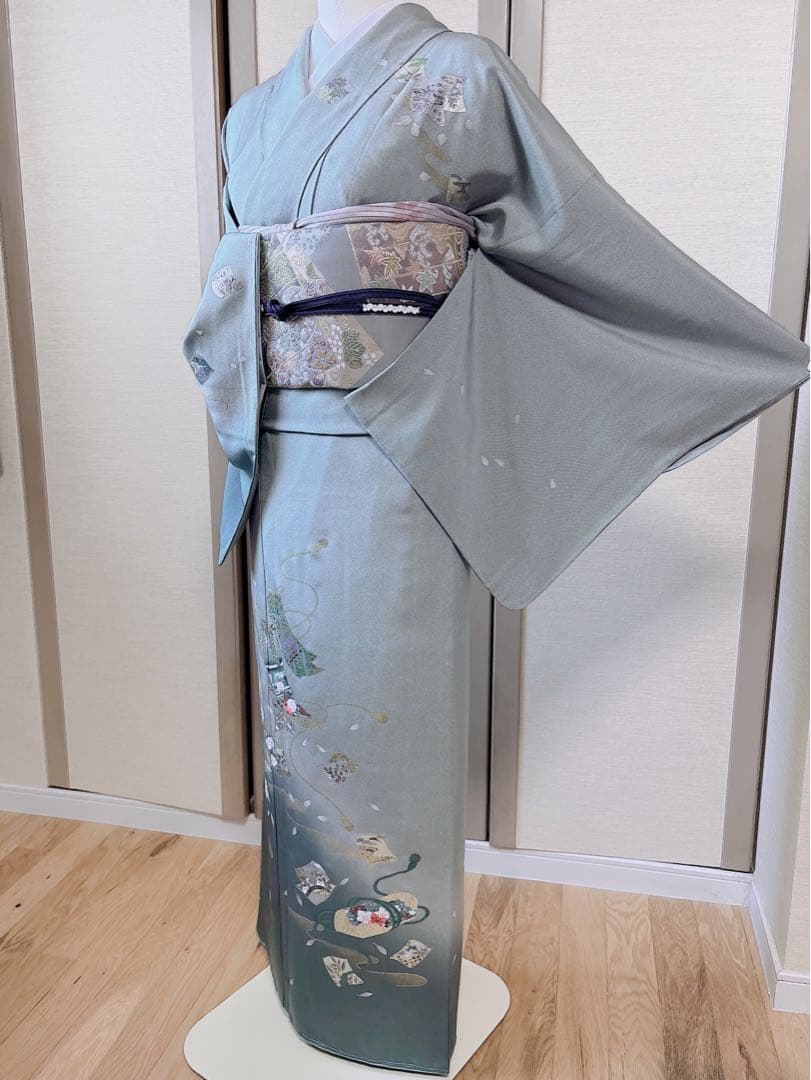 極美品 正絹 訪問着 フルセット 裄68 卒業式 入学式 結婚式 袋帯 青 緑