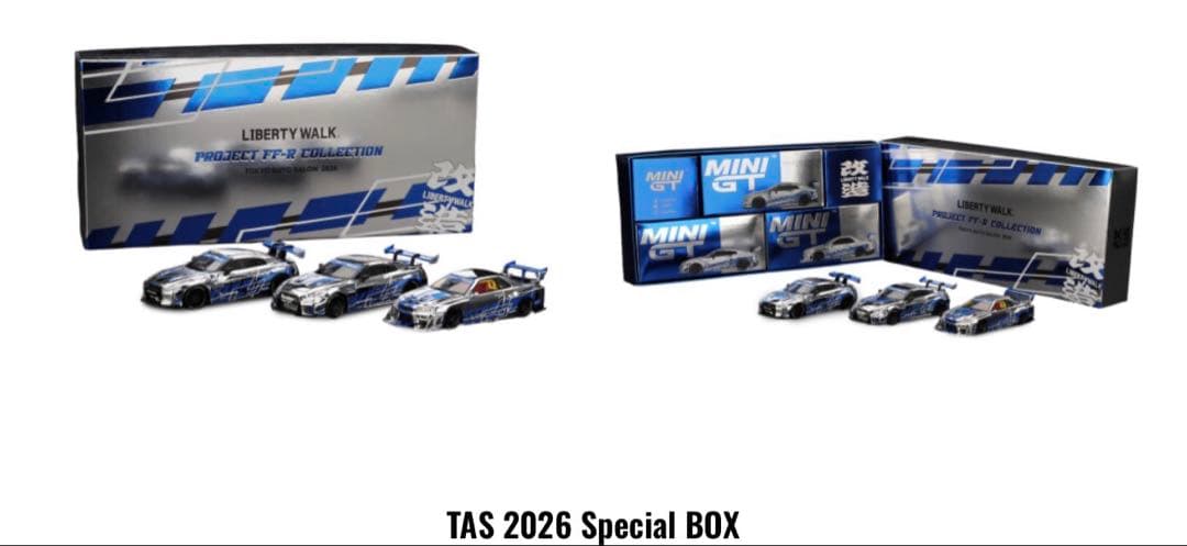 LIBERTY WALK TAS 2026 Special BOX 4台セット LBWK exclusive! 1. Mini GT 1/64 TAS 2026 Special Box 2. Mini GT 1