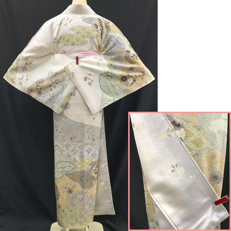 602mh66〇訪問着 金駒刺繍 金彩 地紋 梅 菊 白系〇美品 - メルカリ