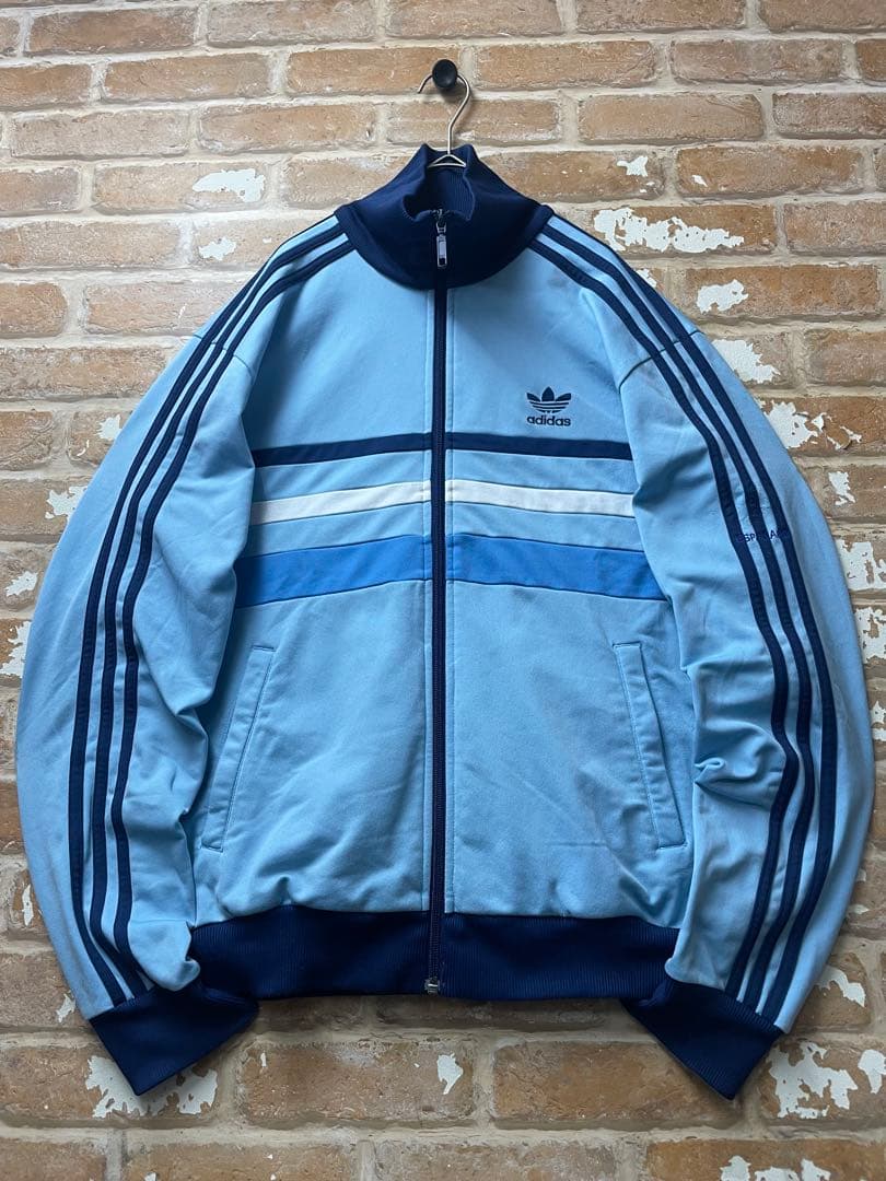 80s adidas アディダス　トラックジャケット　ワンポイント　刺繍　水色 adidas - M】アディダス刺繍トラックジャケット古着ジャージトップ水色
