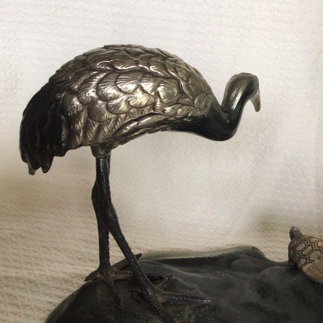 美品]鶴亀置物 骨董品 縁起物 岩上に鶴亀 古銅色分け青銅 美術工芸品