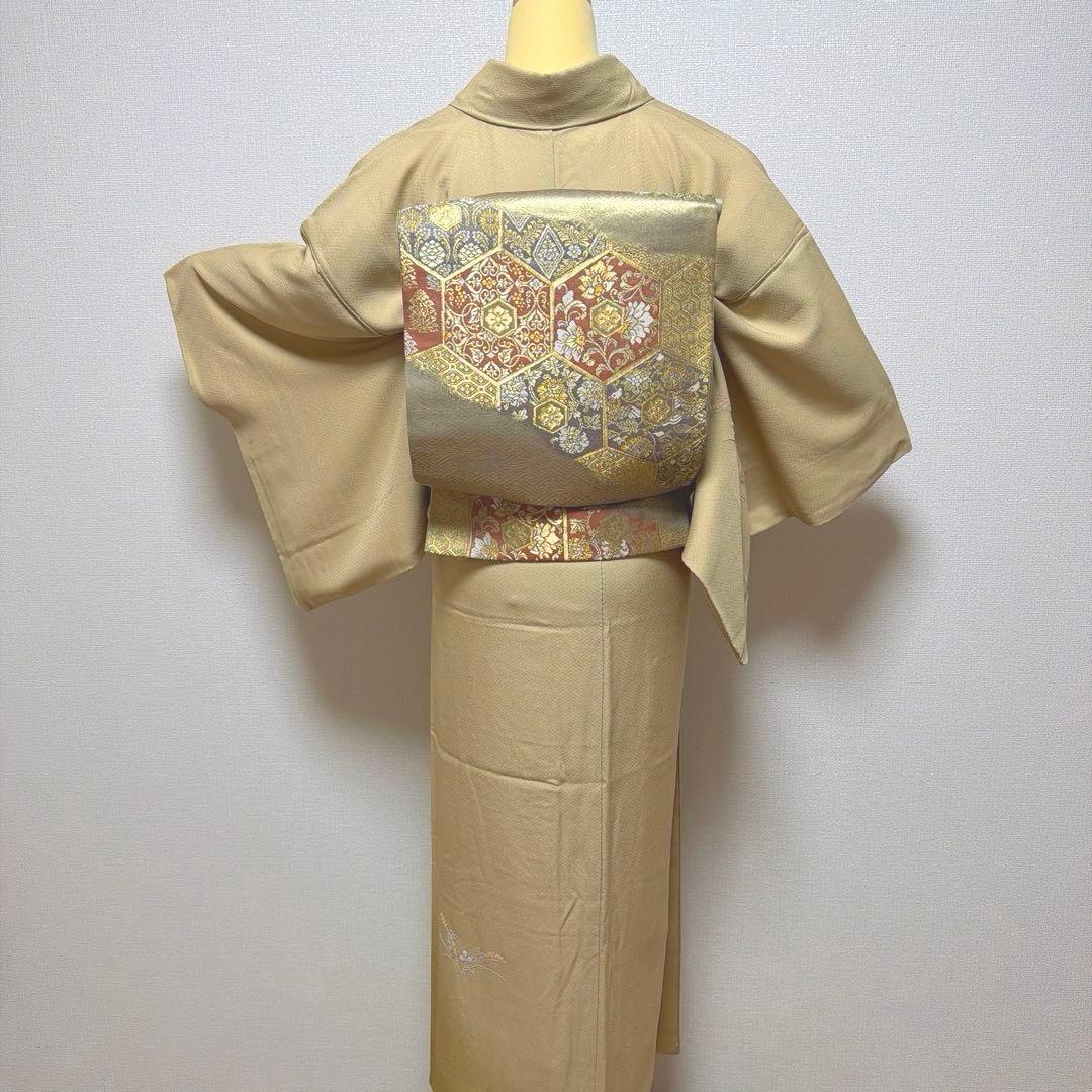 25 付け下げ訪問着フルセット 正絹 ベージュ 薄茶 総刺繍 相良刺繍 暈