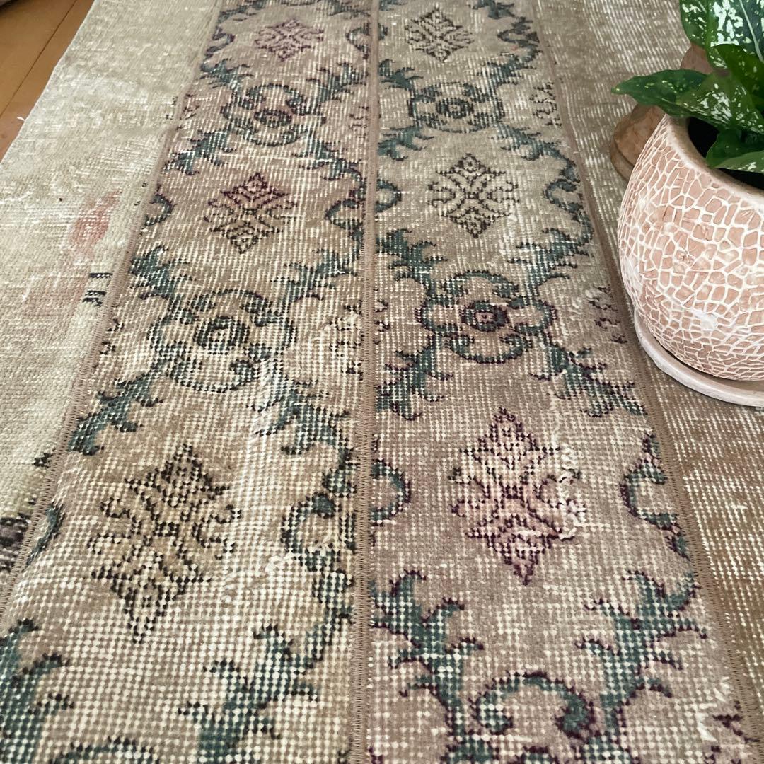 68.5×98 ベージュボタニカル パッチワーク トルコヴィンテージラグ