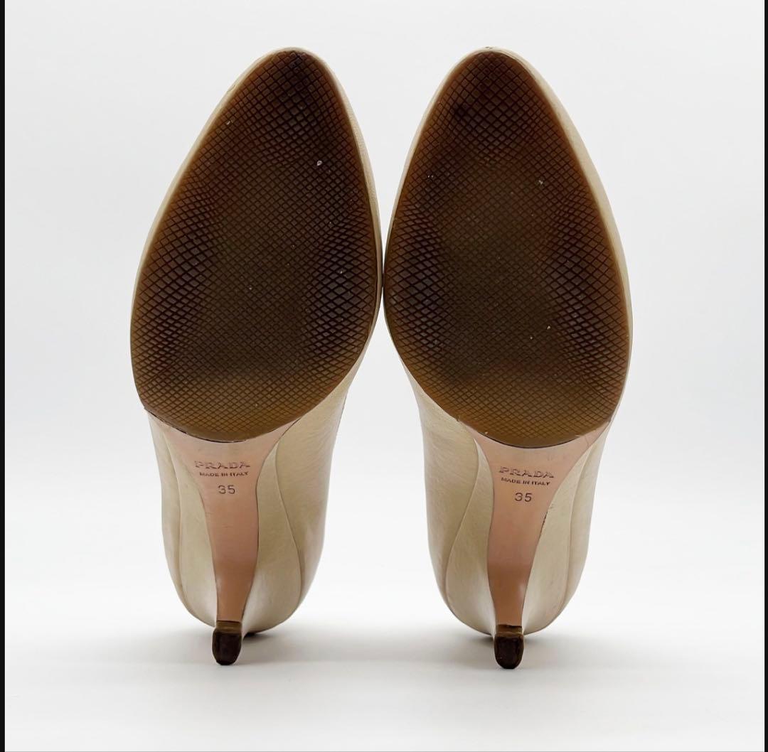 PRADA パンプス ベージュ レザー リボン ロゴ フラットシューズ 上品