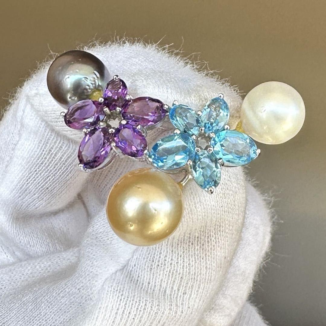 アメジスト　ブルートパーズ　パール3pcs　ブローチ　SVシルバー 10.22g