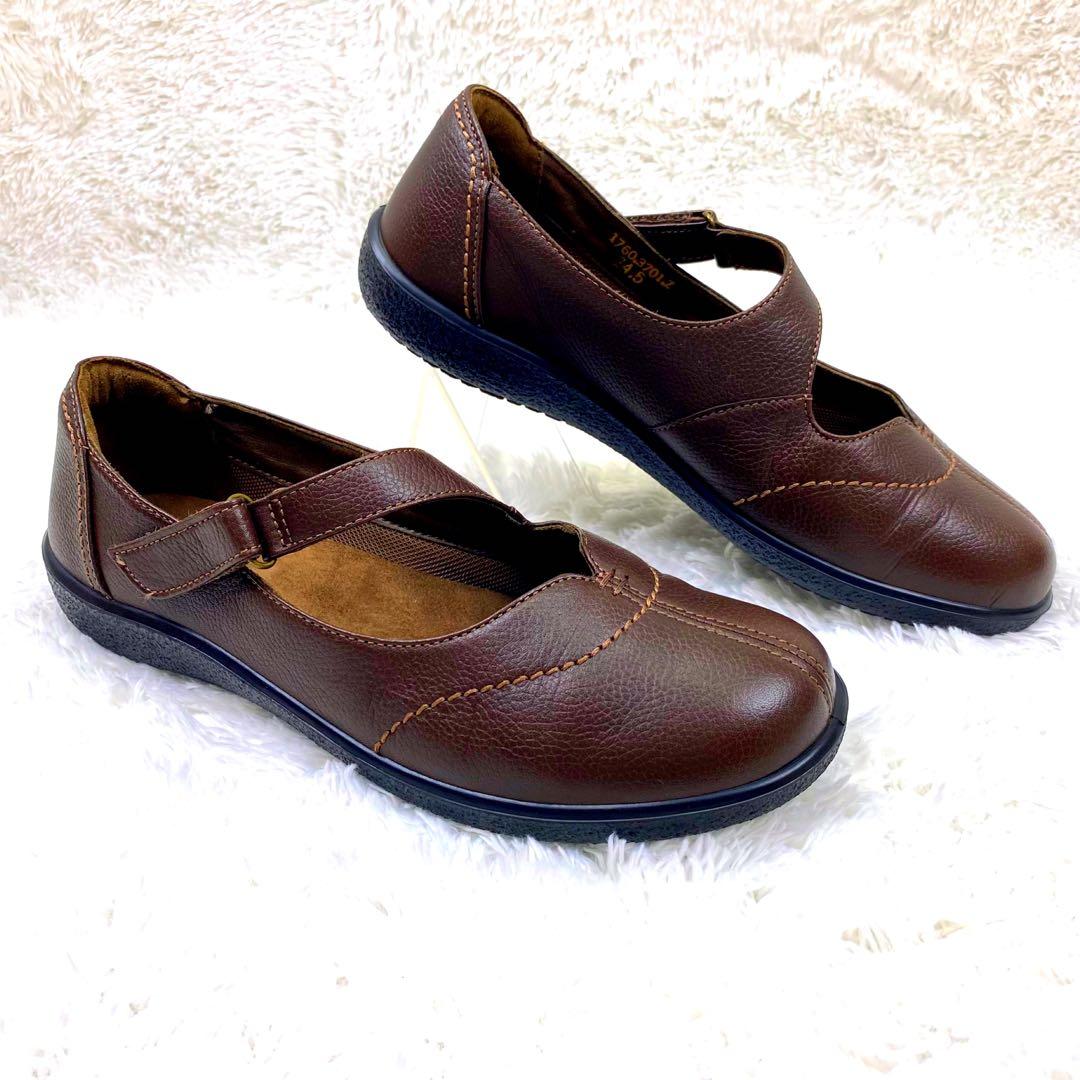 未使用級 アキレスソルボ ストラップ付き シボ革 Vカット フラット