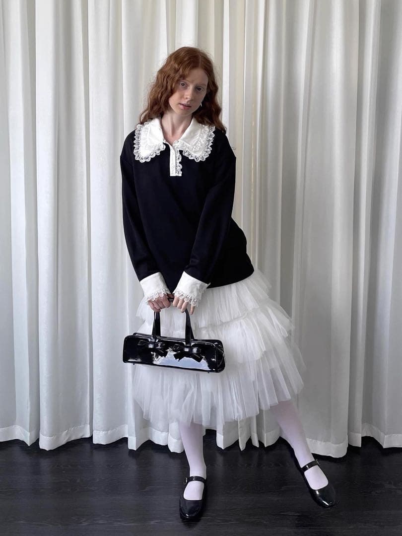 Loosesmell 付け襟 長袖トレーナー ブラック フリルレース