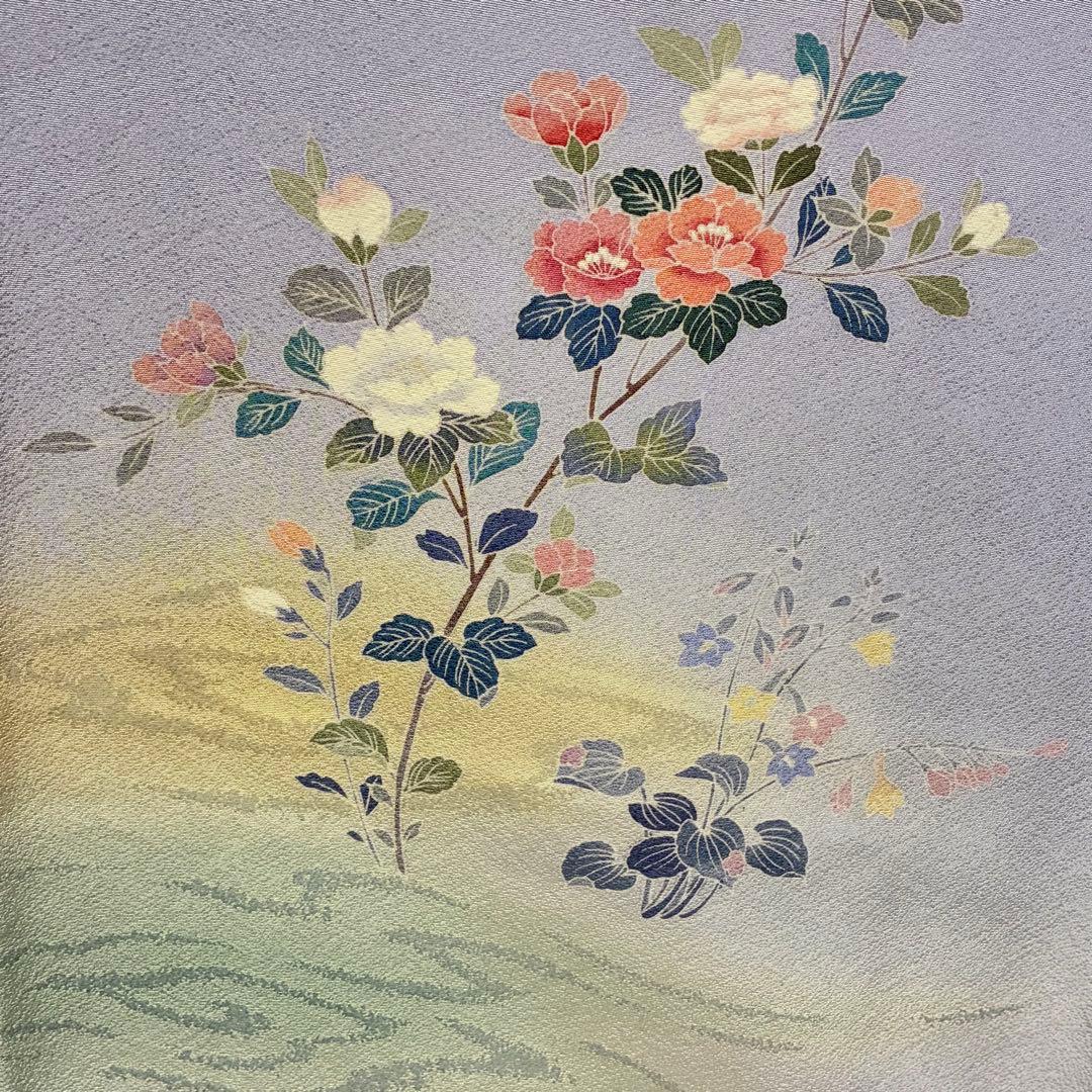 D312 訪問着 手描き友禅 花模様 正絹 着物 袷 しつけ糸付き未使用極美