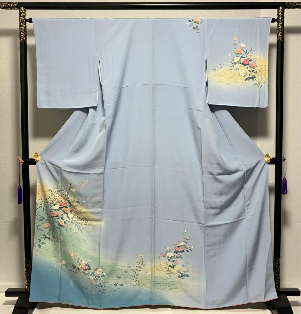 D312 訪問着 手描き友禅 花模様 正絹 着物 袷 しつけ糸付き未使用極美