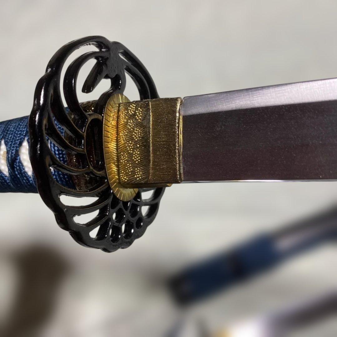 高級模造刀大小２本(刀袋付) 青柄 鶴羽透し丸鍔 黒梨地鞘