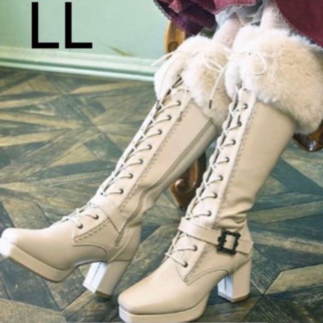 しまむら クラロリ くる実 レースアップ ロングブーツ オフホワイト 白