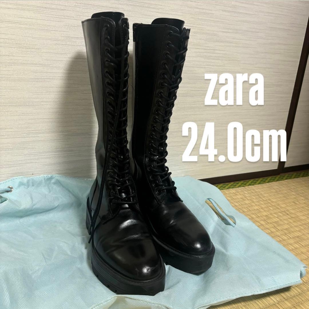 ZARA 黒 レースアップロングブーツ 24.0cm - メルカリ