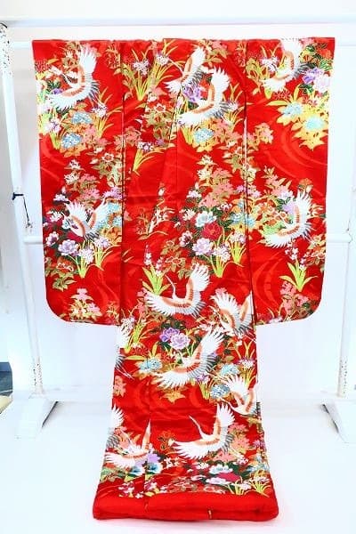 美品 色打掛 赤 豪華絢爛 鶴 吉祥花 刺繍 ラメ 花嫁 結婚式 正絹 ショップ