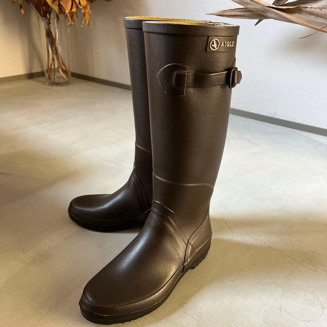 AIGLE エーグル レインブーツ ブラウン 長靴 ラバー - メルカリ
