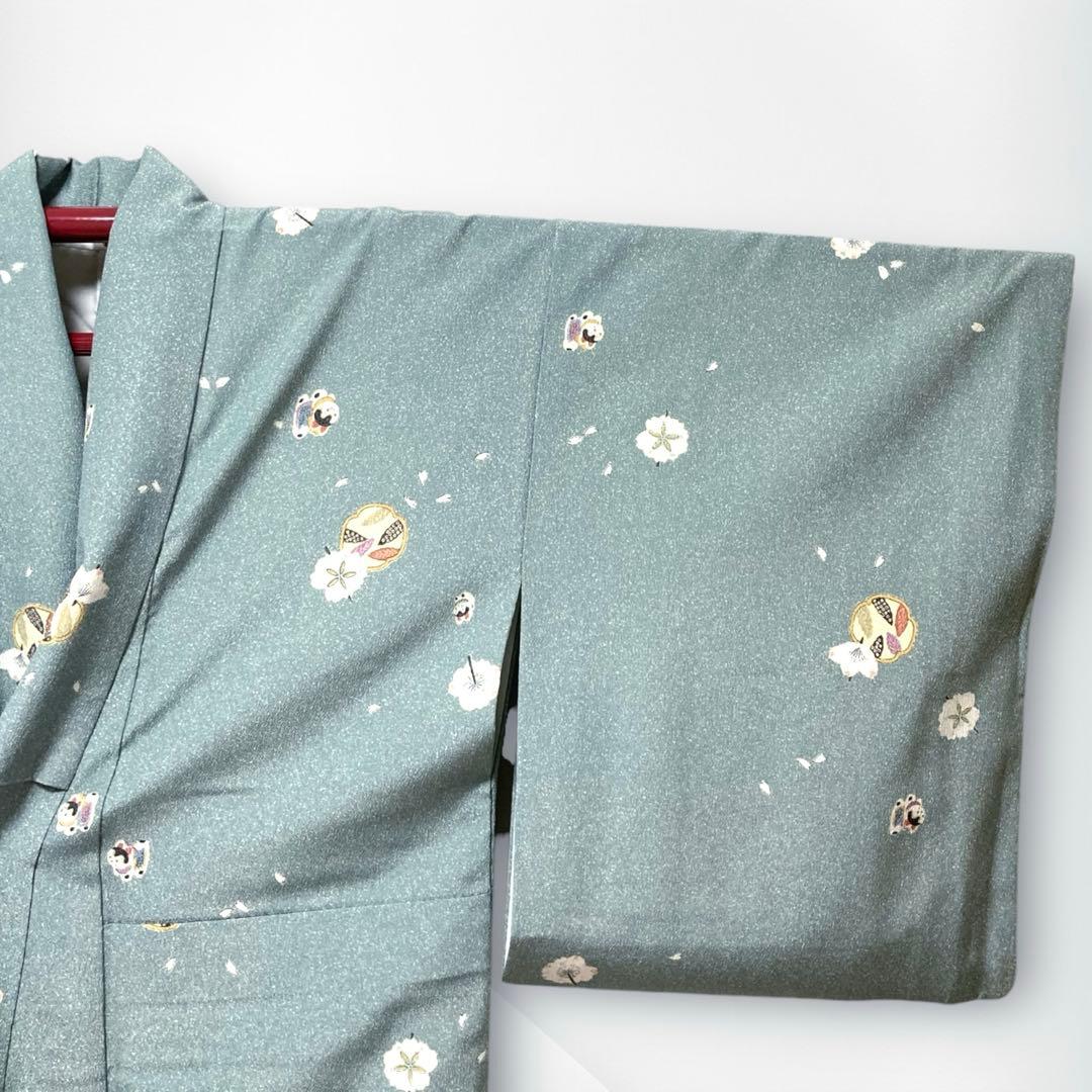 美品✨】東レシルック 洗える着物 小紋 水浅葱色 狛犬 桜 手縫い仕立て