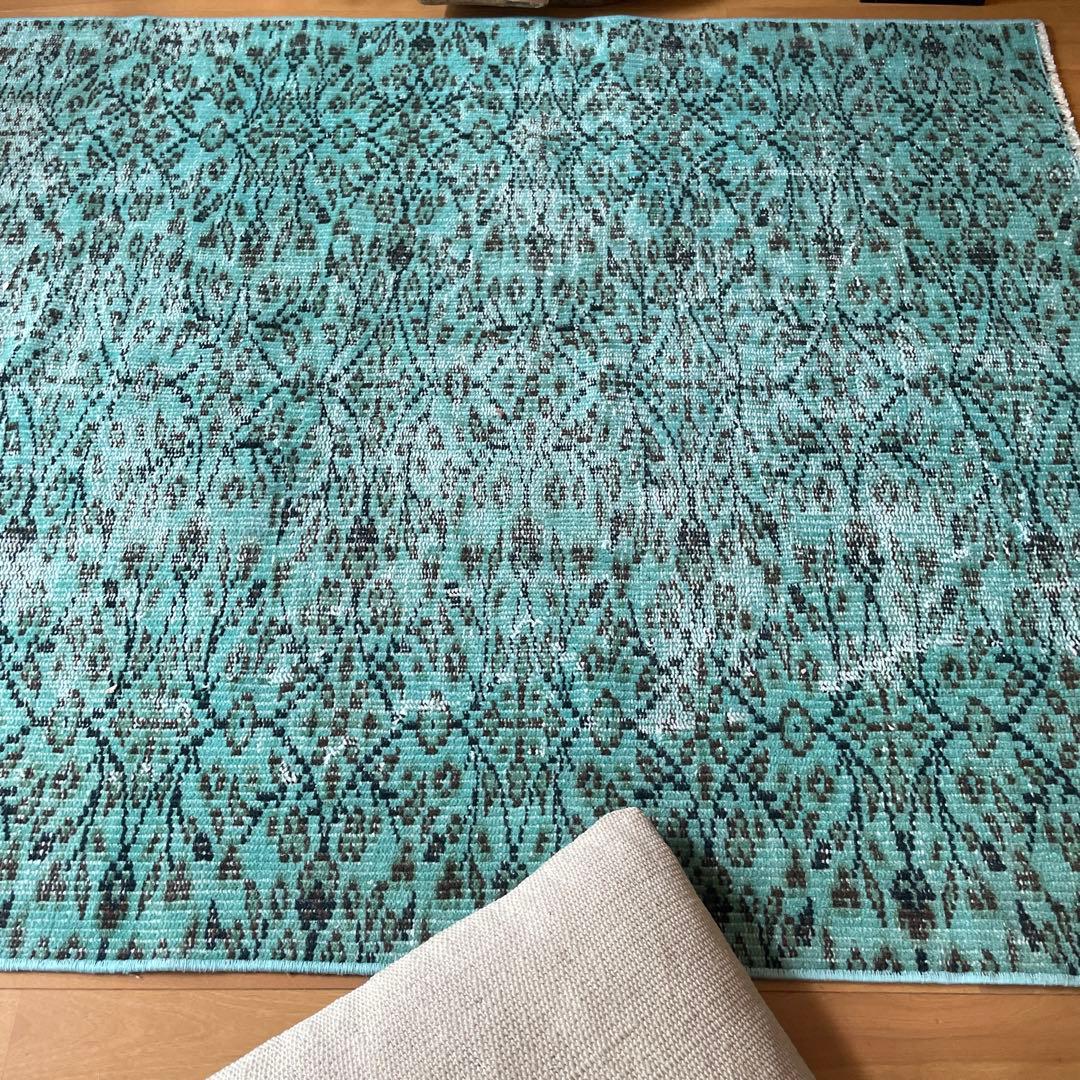 110×150 ボタニカル ターコイズオーバーダイ トルコヴィンテージラグ