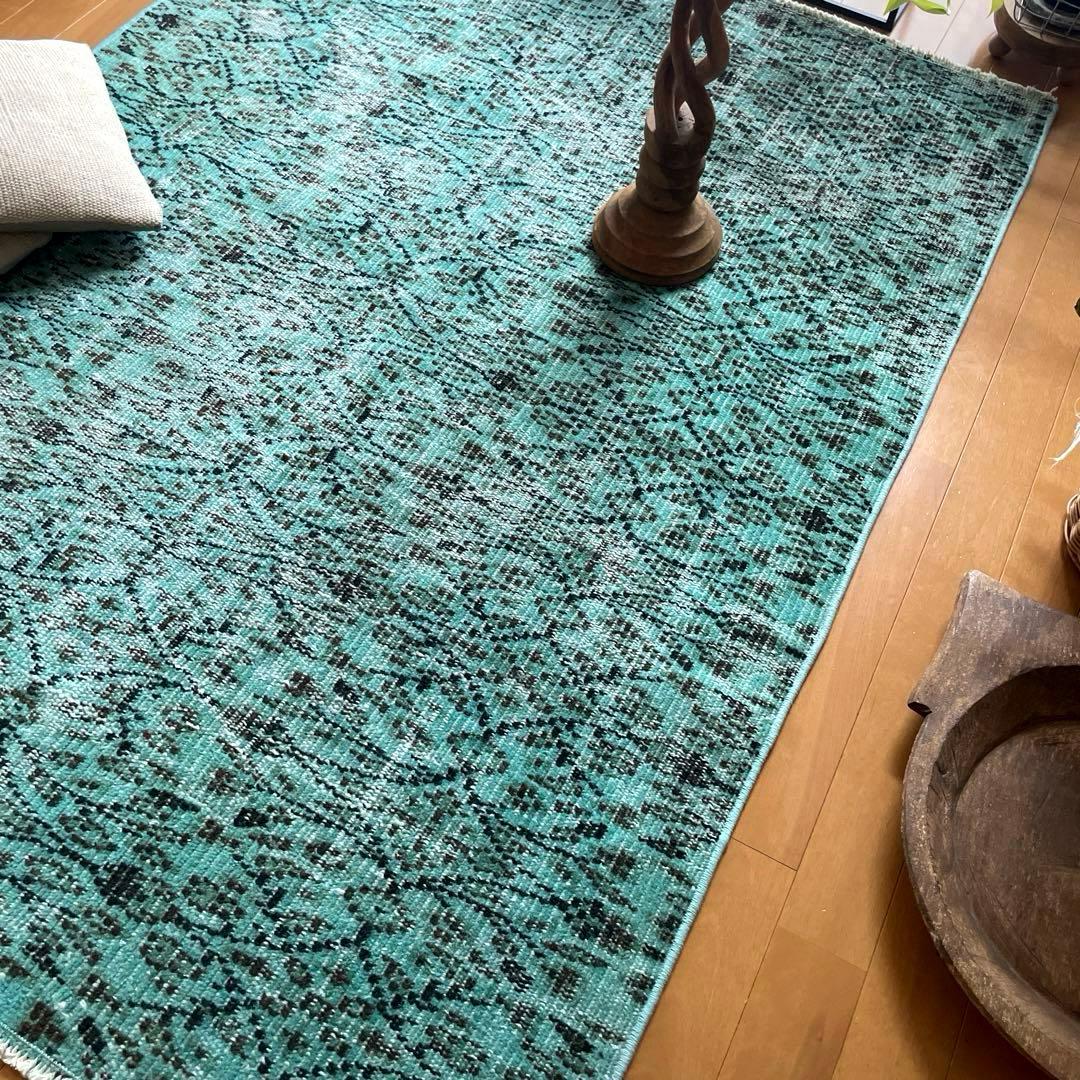 110×150 ボタニカルターコイズオーバーダイトルコヴィンテージラグ 110