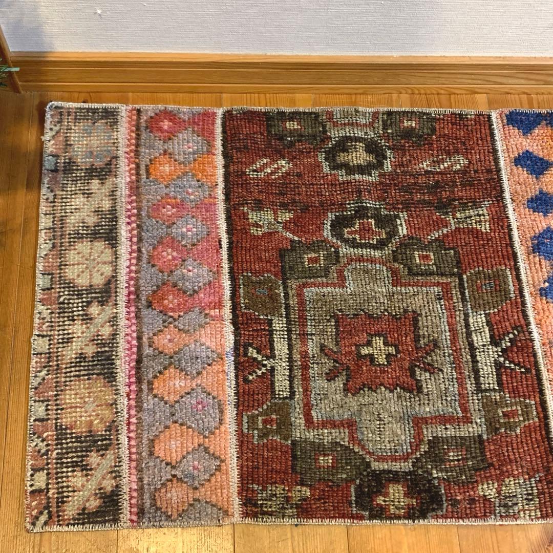 60×90 ボルドー　ピンク　メダリオン トルコヴィンテージラグ　パッチワーク 62.5×142 パッチワークラグ ボルドーステッチ トルコヴィンテージラグ