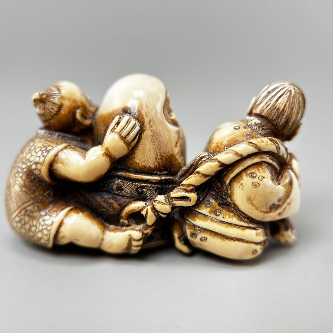 三人のキャラクター 彫刻極上根付天然素材アンティーク骨董飾り物古