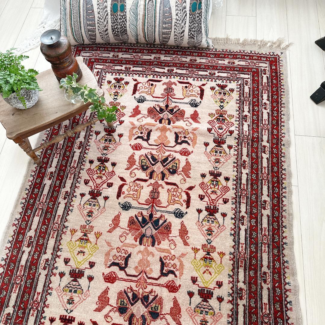 トルコ製ヴィンテージラグ771高級 レア アイボリー レッド イエロー