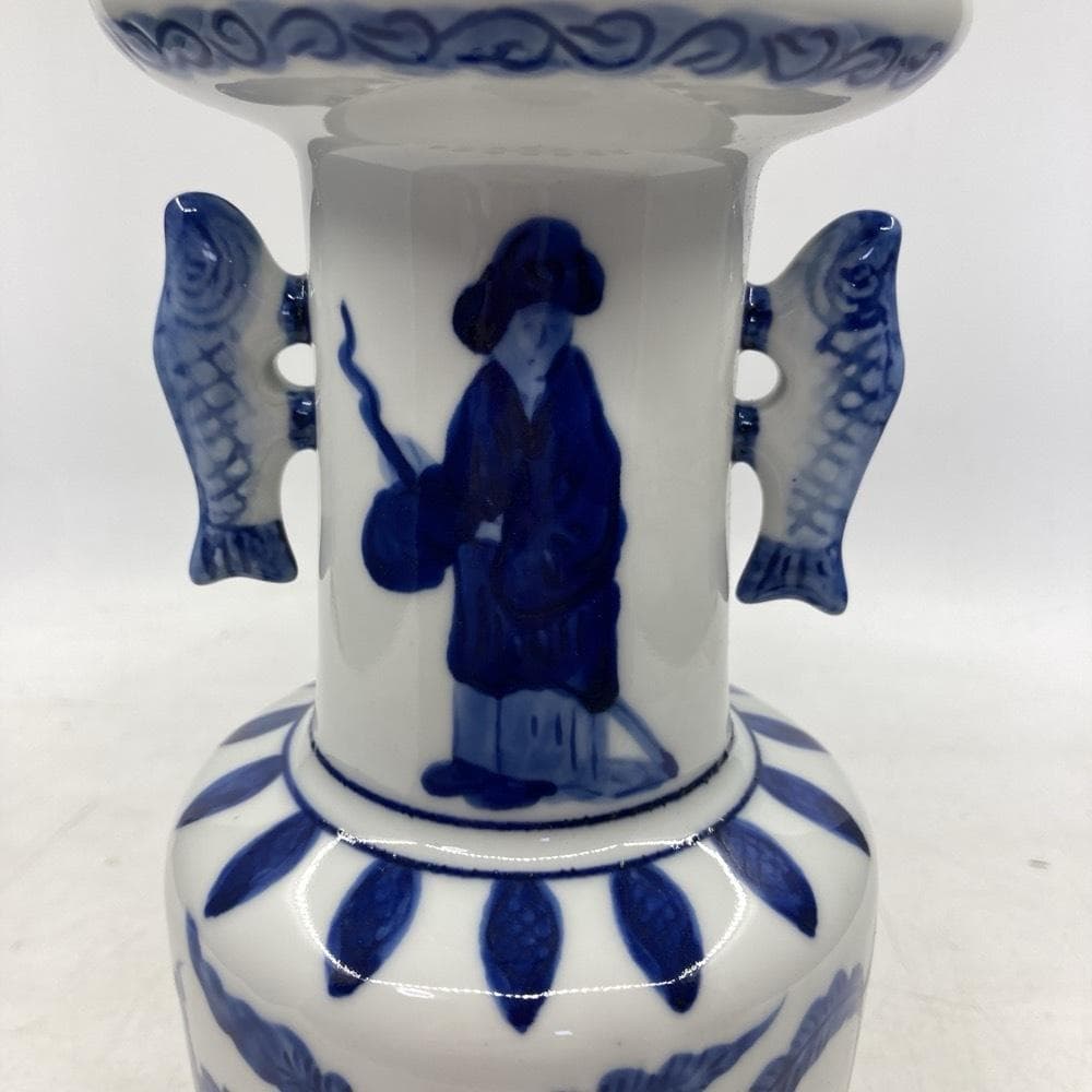 染付 高砂花生 花入 花瓶 大明天啓年製 双魚耳付 箱付き☆K2085Z