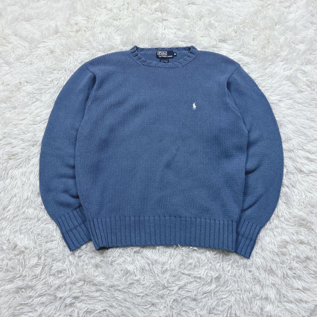 90s ポロバイラルフローレン　日本製　コットンセーター　ラピスブルー　M 日本製 ポロバイラルフローレン フルジップ コットンニットセーター