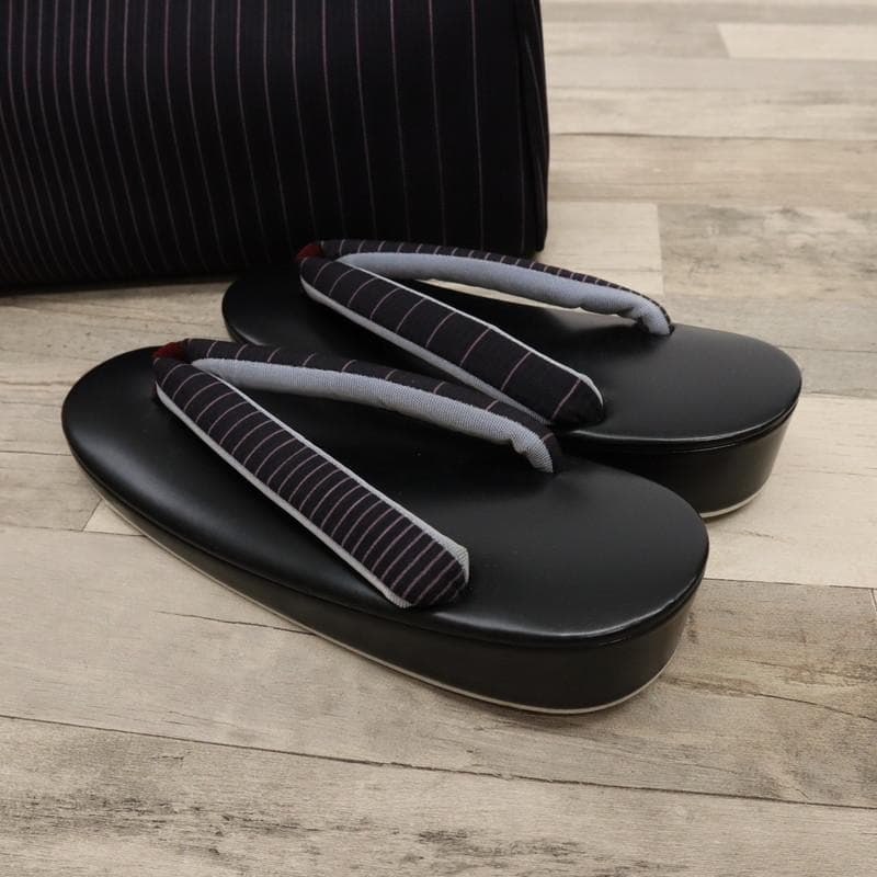 《新古品◆草履バッグセット◆黒地×ピンクのストライプ＊細縞模様◆Z3-12》