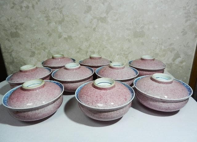 斑桃色地見込みに染付獅子図蓋茶碗９客（裏印「清鳳」） 江戸後期染付丸文と文字図蓋茶碗①濃いめ | 吉祥寺PukuPuku