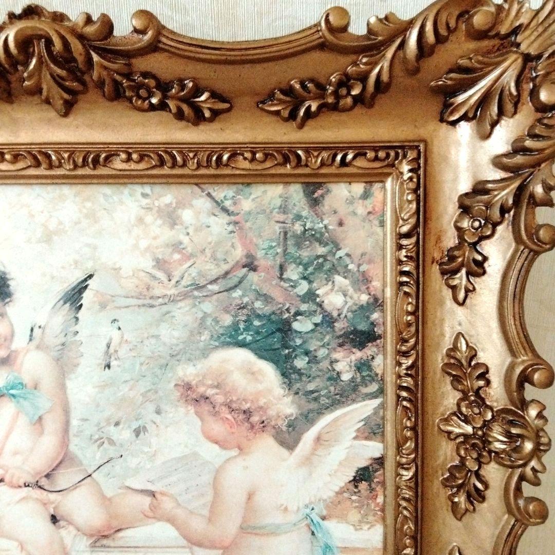 エンジェル絵画 天使の絵 ゴールドフレーム 金色アンティーク額縁 海外