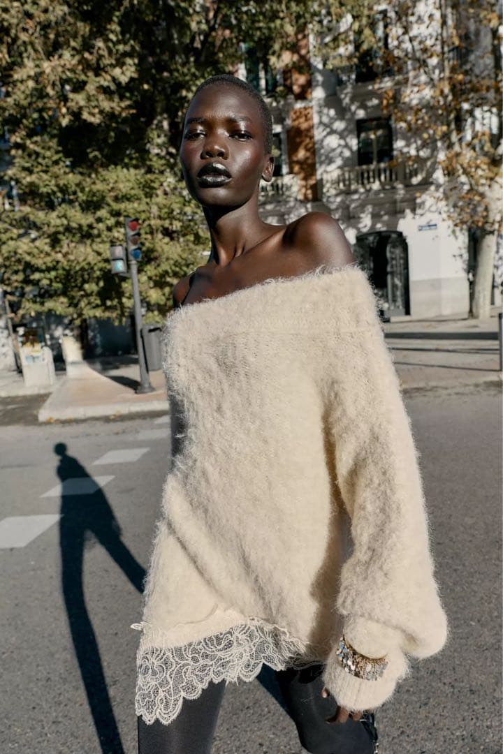 新品未使用タグ付き ZARA レースコンビニットセーター - メルカリ