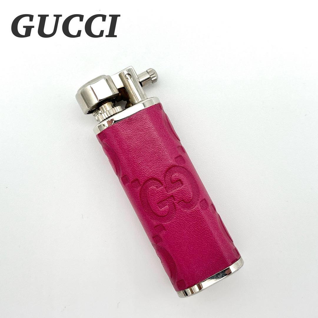 GUCCI ガスライター レザー GG柄 シマ グッチ ライター チェリーピンク
