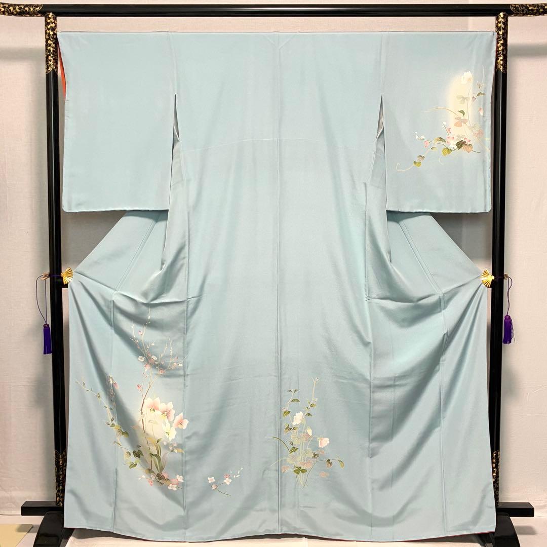 D227訪問着　手描き友禅　水色　花模様　正絹着物　袷　しつけ糸付き未使用極美品 D227訪問着 手描き友禅 水色 花模様 正絹着物 袷 しつけ糸付き未使用極