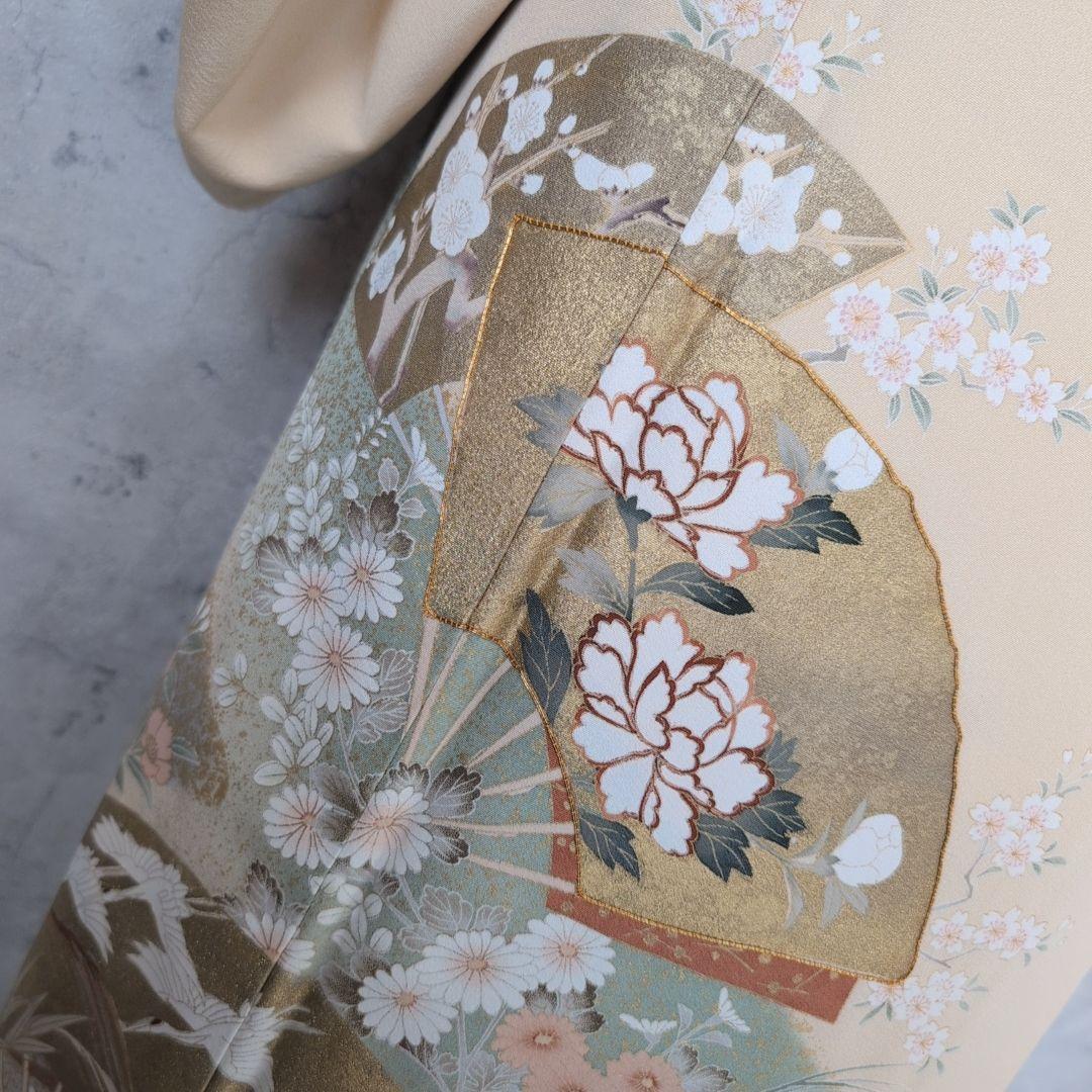 訪問着 フルセット 着物 正絹 金彩加工 鶴草花 金駒刺繍 寿 豪華 O8 -