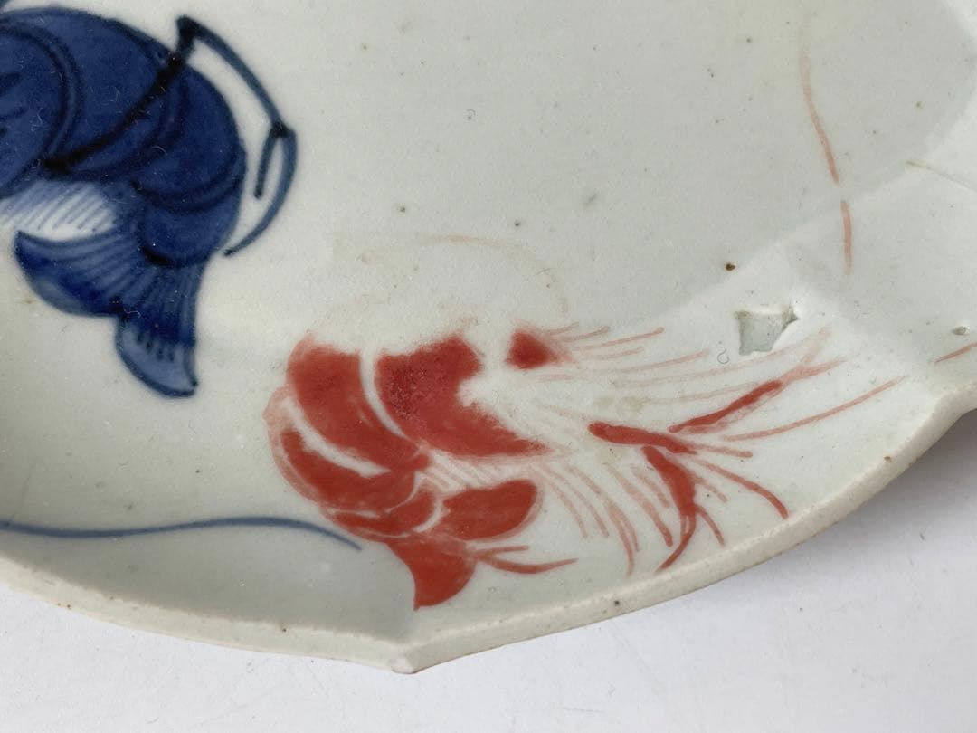 骨董 アンティーク 色絵古九谷 古伊万里 染付 赤絵 海老文様 変形皿 木瓜皿