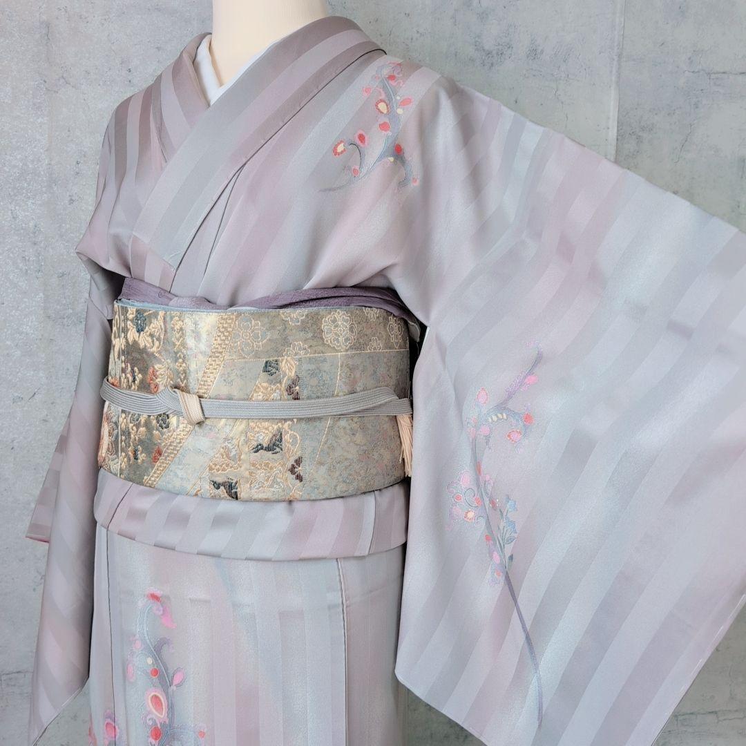 訪問着 フルセット 着物 正絹 ストライプ 幻想 銀花 おしゃれ しつけ糸