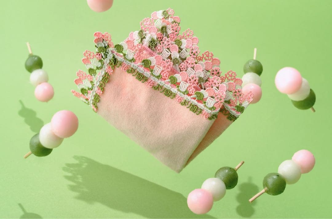 近沢レース店 シーズンタオルハンカチ/花より団子（グリーン）新品未