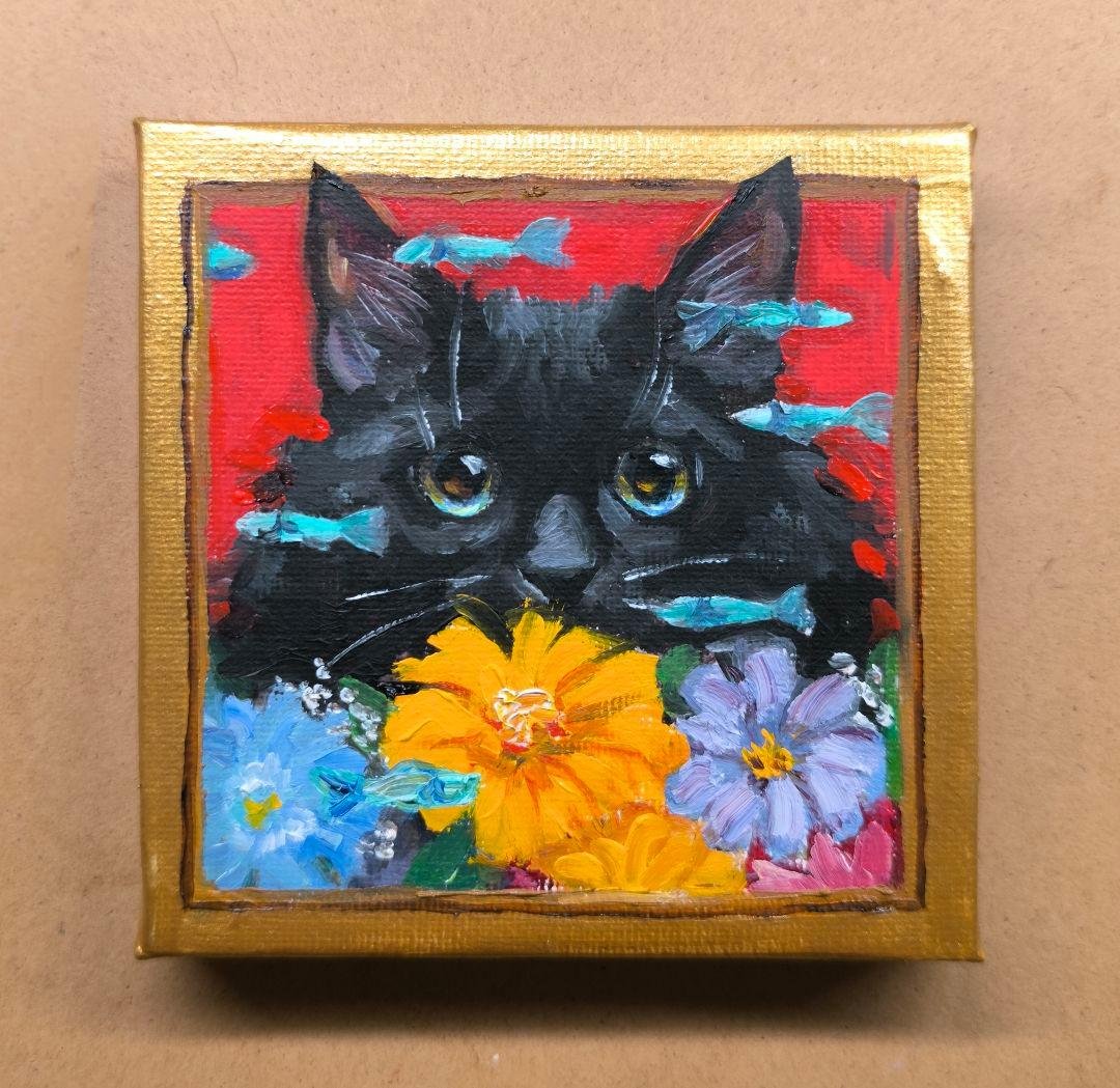 夢見る黒猫」油絵 ミニ絵画 原画 猫 オリジナル 真作 手描き - メルカリ