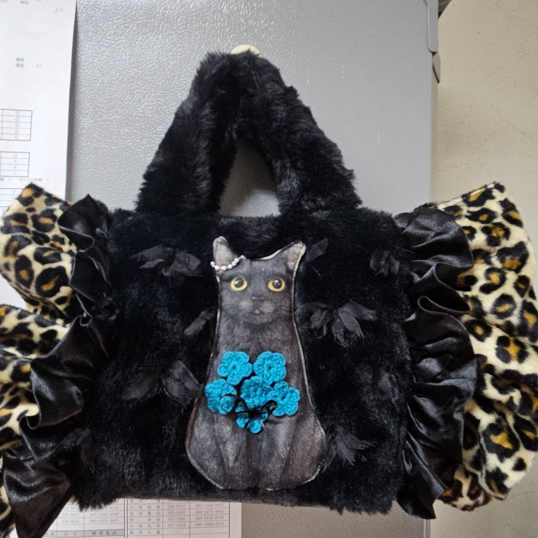 Wフリル&ブルーのお花が可愛い❤黒猫ちゃんトートバッグ。コヤンイサム