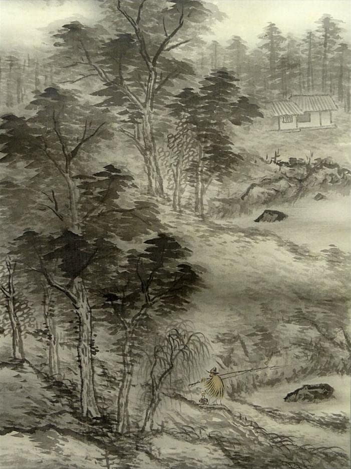 掛軸 中島雲谿『緑蔭帰湧 冬景山水図』絹本 肉筆 無地箱 掛け軸