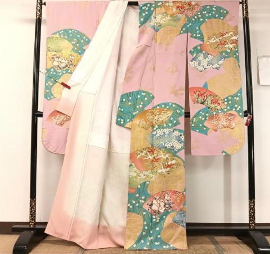 振袖フルセット6点サイズM〜L駒刺繍 地紙飛鶴花文 金彩 正絹 - メルカリ