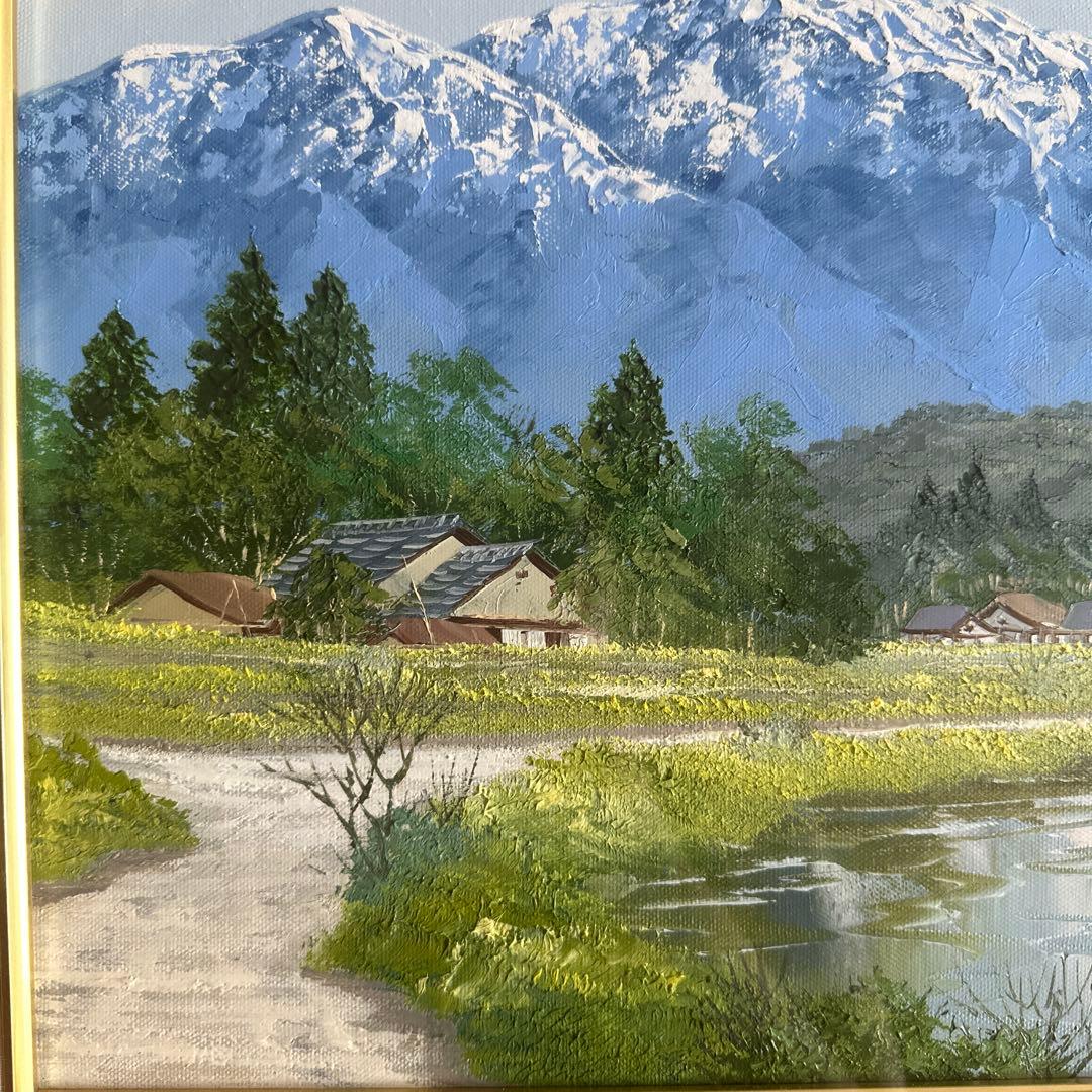 雪山と川の風景 油彩画