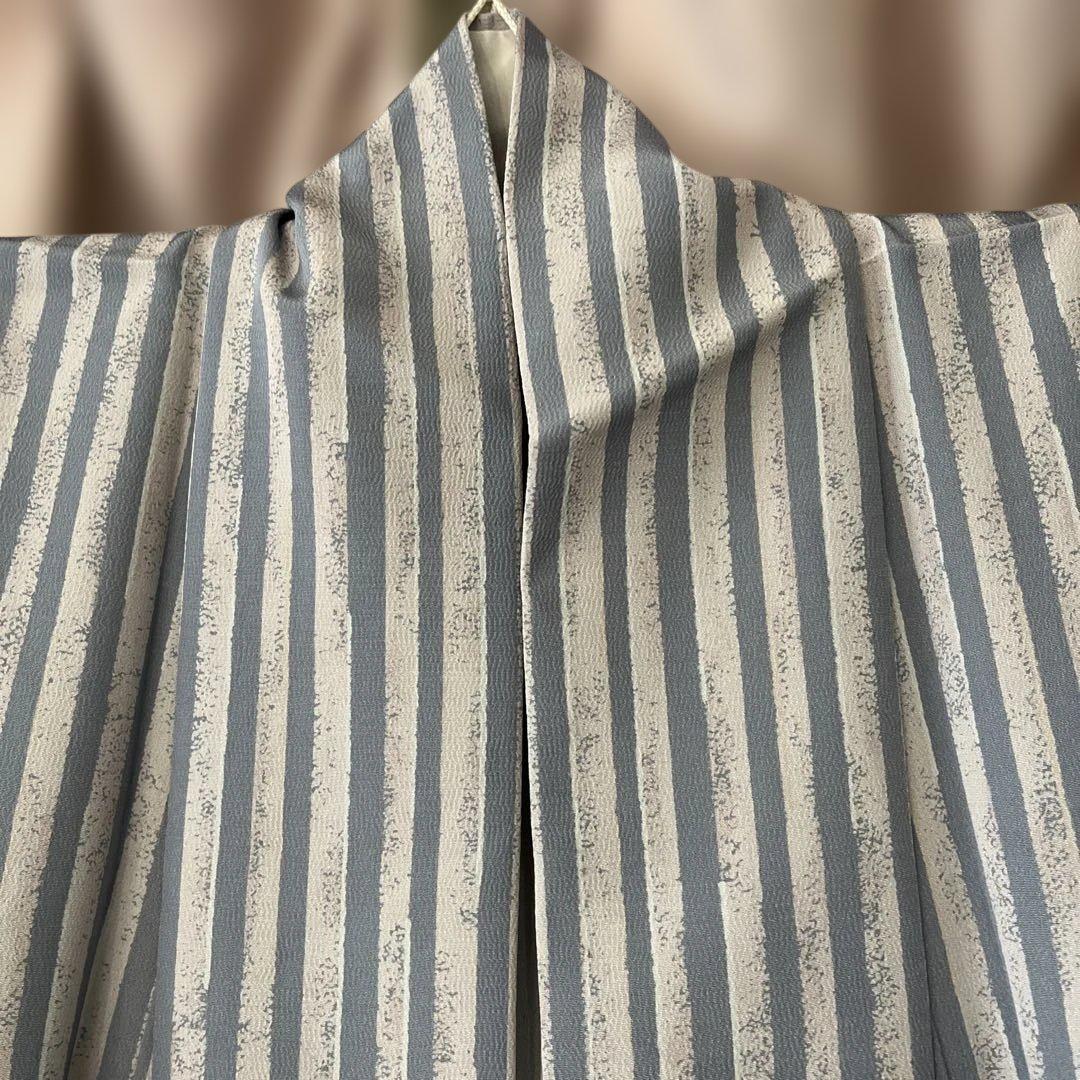 上質シルック くすみブルー×ピンクストライプ ポリエステル単衣 小紋